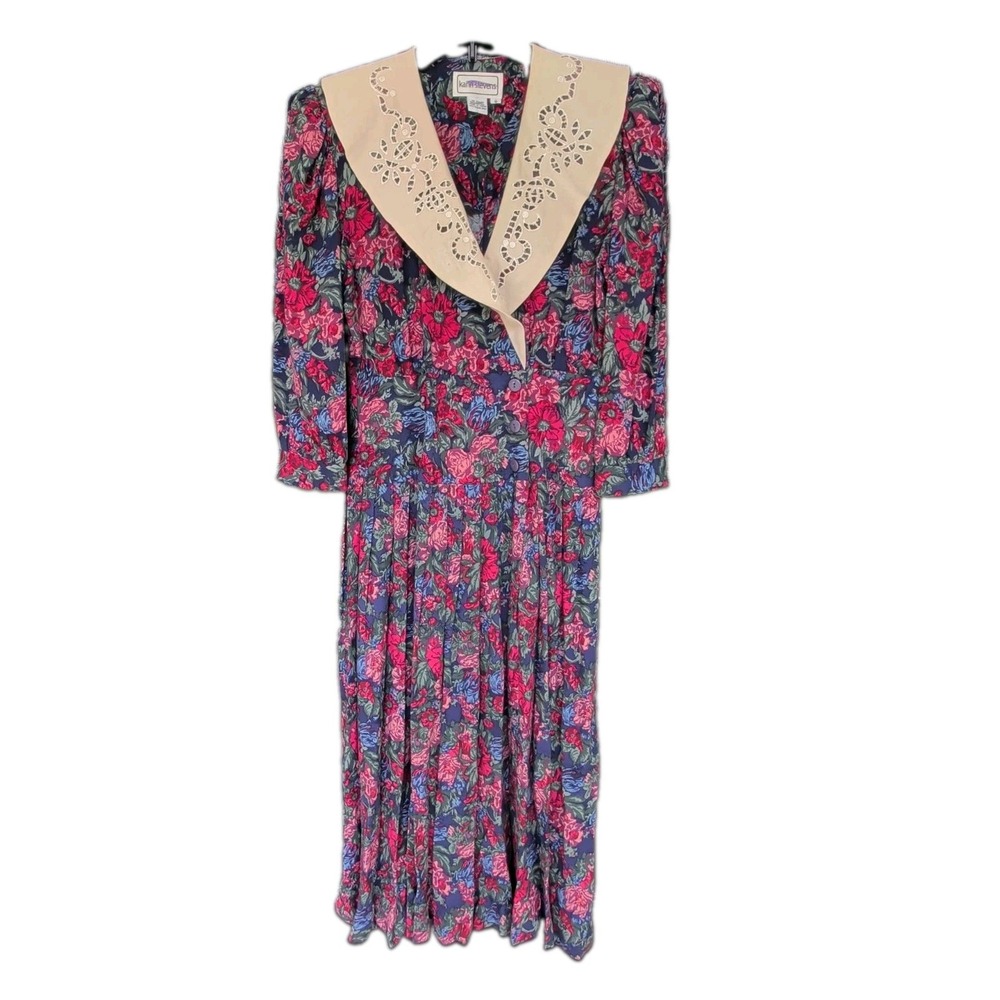 Vtg Karin Stevens CottageCore Sz 8 Long Slv Floral Dress 80s Teacher Church Lady